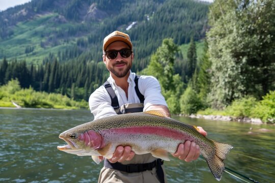 Man Holds a Large Rainbow Trout While Fishing on a River in the Mountains During a Sunny Day