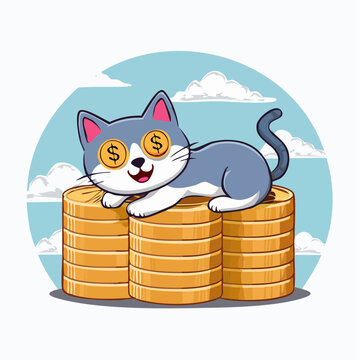 Cartoon Cat with Dollar Coins in Eyes Sitting on Stack of Gold Coins