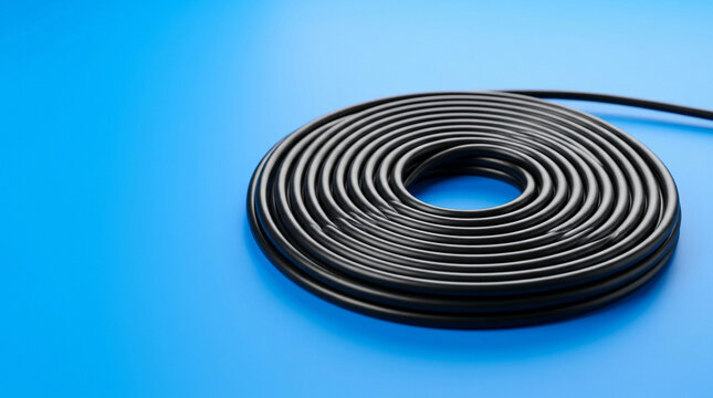 Black coiled cable spiral on electric blue surface AI data center energy infrastructure digital connectivity.