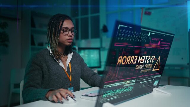 Female programmer dealing with malfunction on futuristic computer screen