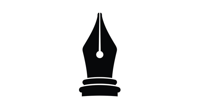 A minimalist black silhouette depicts the nib and section of a classic fountain pen isolated on white