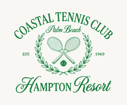 Vintage Coastal Tennis Club Hampton Resort Illustration - Retro Palm Beach Est. 1969 Athletic Graphic with Crossed Rackets, Tennis Ball, and Laurel Wreath - Classic California Collegiate Varsity Style