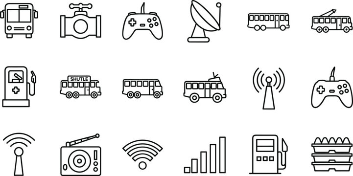 Transportation, Communication, and Technology Icon Set Featuring Buses, Satellite, WiFi, and Radio for Travel, Connectivity, and Devices Designs