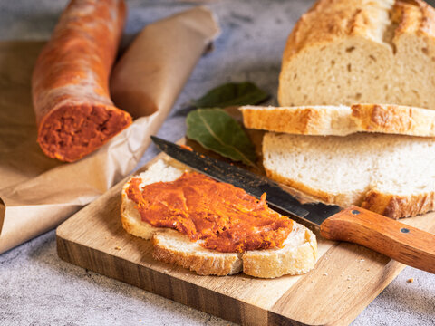 Sobrasada on bread, traditional Mallorca food, rustic Mediterranean cuisine