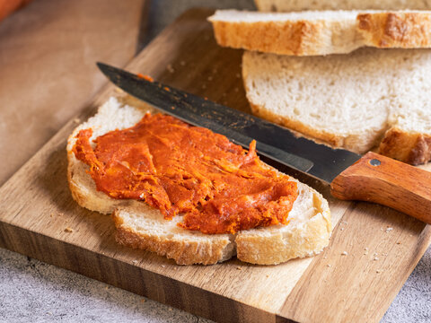 Sobrasada on bread, traditional Mallorca food, rustic Mediterranean cuisine