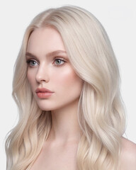 Naklejka premium Beautiful Young Woman with Platinum Blonde Waves and Blue-Green Eyes – Elegant Three-Quarter Beauty Close-Up on White Background