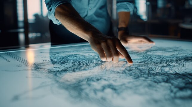Software architect analyzing system maps, modern realism, soft shadows, high resolution photo style, innovation theme. 