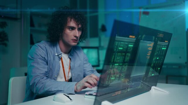 Young male programmer receives system error alert on futuristic interface