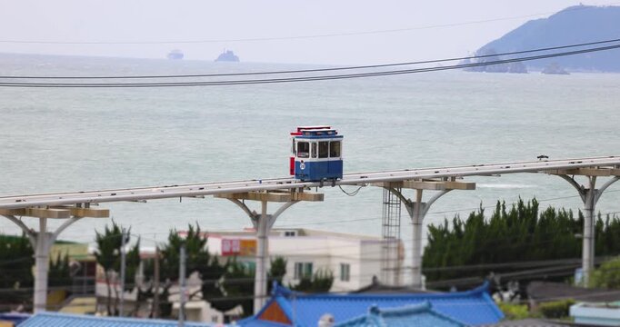 Haeundae Blue Line Park, Busan, ride on multicoloured sky capsule train, railway tram route from Mipo to Cheongsapo station, coastal monorail in Busan, Yeongnam, South Korea, Republic of Korea travel