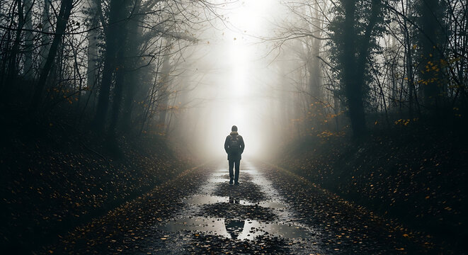 A lone figure walks down a misty, dark forest road with light at the end, creating a mysterious and atmospheric scene.