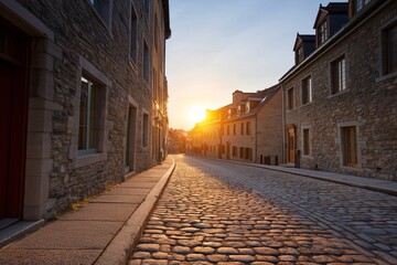 Fototapeta premium Sunrise Over Cobblestone Street in Old Town