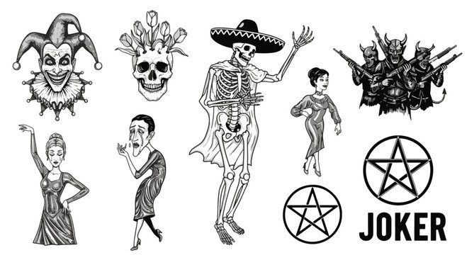 Gothic Tattoo Style Illustrations of a Jester Skull with Tulips Skeleton in Sombrero and Demons with Guns
