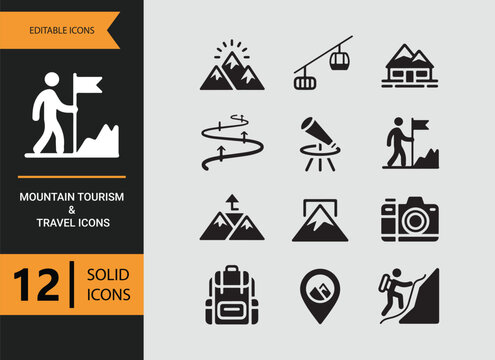 Mountain travel tourism solid icons adventure destination exploration pack