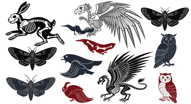 Gothic Tattoo Style Skeletons of Hare Eagle Owl Moth and Dragon Elements