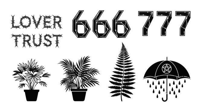 Dark Gothic Tattoo Design Elements Love and Trust Text Number 666 and 777 Fern and Pentagram Umbrella with Rain Drops