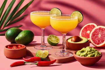 Fototapeta premium Two refreshing margaritas in coupe glasses with avocado, lime, guacamole and grapefruit for summer entertaining
