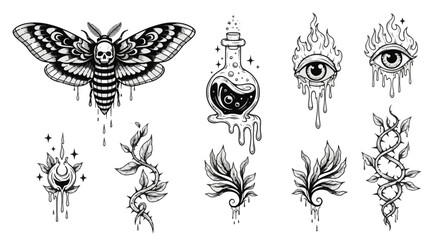 Gothic Tattoo Designs Moth with Skull Dripping Eyeball and Thorny Vine Elements © Nana