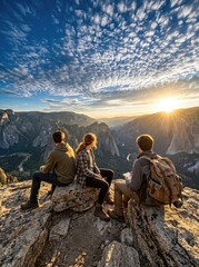 Naklejka premium A group of people sitting on the top of a mountain enjoying the scenic view