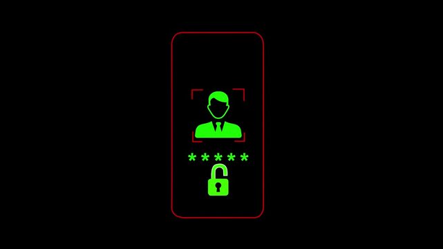 Smartphone screen displays a green biometric face recognition scanner confirming successful identity authentication with an unlocked padlock icon and five stars symbolizing secure access for mobile.