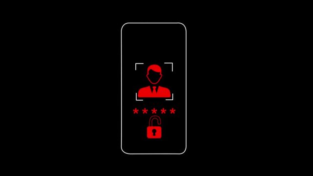 Smartphone interface features a red biometric face recognition scanner showing an unauthorized access attempt with a locked padlock icon and five stars indicating failed verification for mobile.