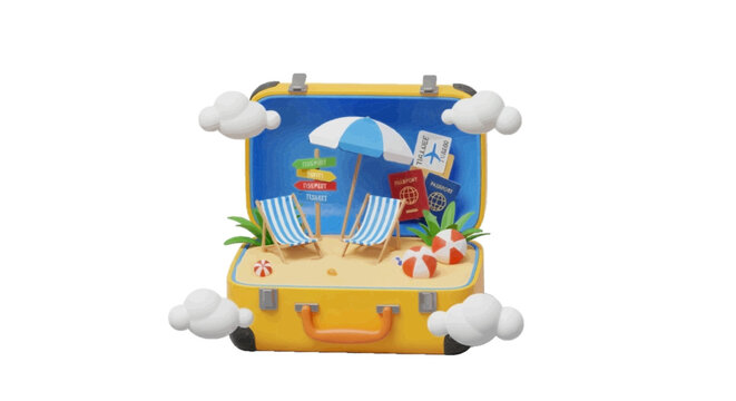 Vector illustration&nbsp;of 3d illustration of a suitcase open with a beach vacation scene inside on a transparent background