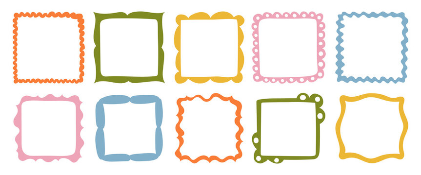 Doodle wave curve edge frame. Hand drawn wavy rectangle borders. Doodle brush drawn square and circle picture frame. Vector illustration isolated on white background.