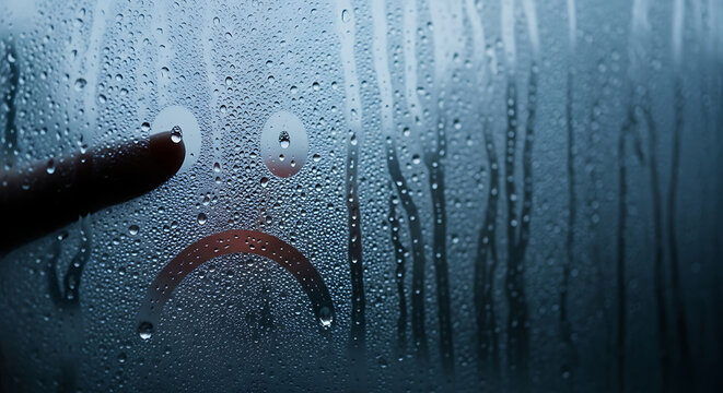A finger draws a sad face on a steamy window covered in water droplets.