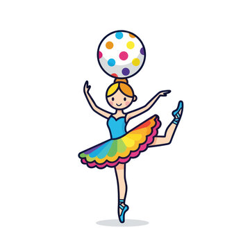 Cute ballerina balancing a colorful polka dot ball on her head, dancing