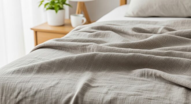 Close-up of a soft, natural beige linen blanket with a subtle slub texture draped on a bed.