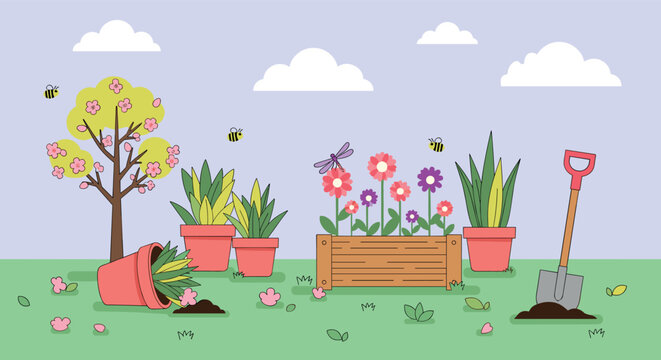 Colorful spring garden illustration with blooming flowers trees bees and gardening tools in a cheerful outdoor nature scene
