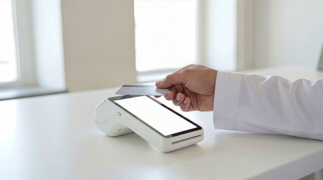 Saudi payment concept hand tapping card on white POS machine in minimal studio