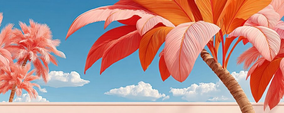 Close-up pink palm tree with tropical leaves against bright blue sky and fluffy clouds