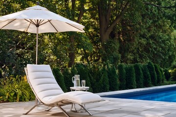 Obraz premium Relaxation Spot Near Pool With Umbrella and Drinks on Table by Ocean