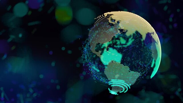 Abstract futuristic scene with particle globe and green particle lights