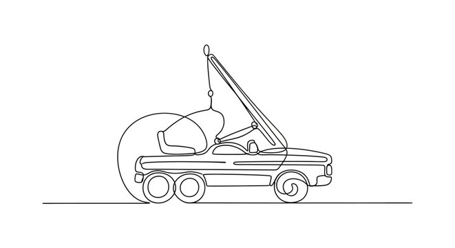 Minimalist continuous line drawing of a tow truck with a car on hook