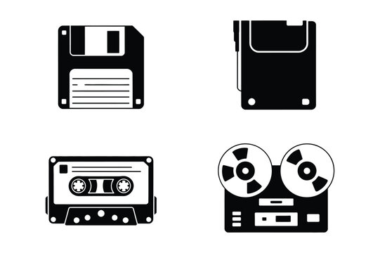 Vintage technology icons: floppy disks cassette tape reel-to-reel with cassette