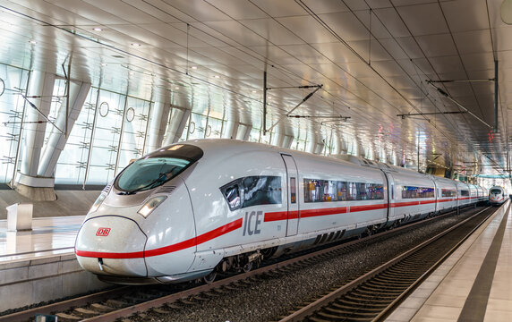 Frankfurt, Germany - May 14, 2018: ICE 3 high-speed train at Frankfurt Airport long-distance station