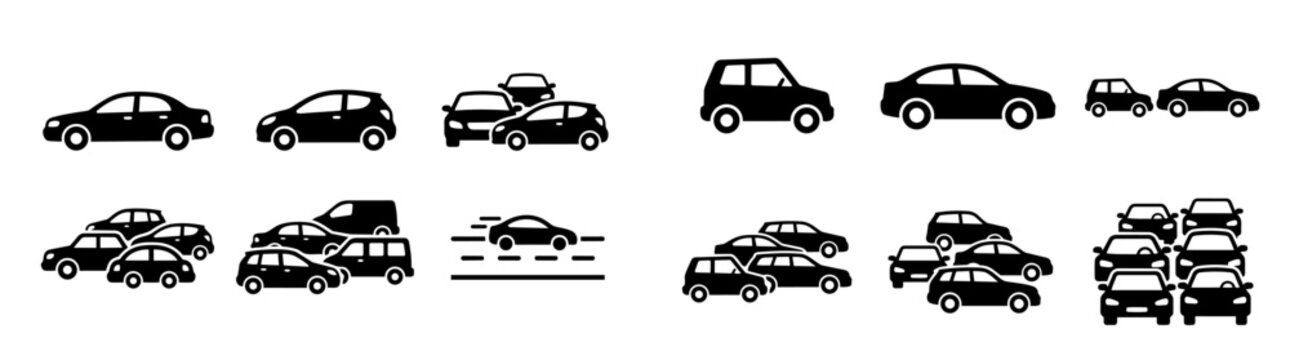Cars Icon Set, Traffic Jam and Automobile Symbols on Transparent Background