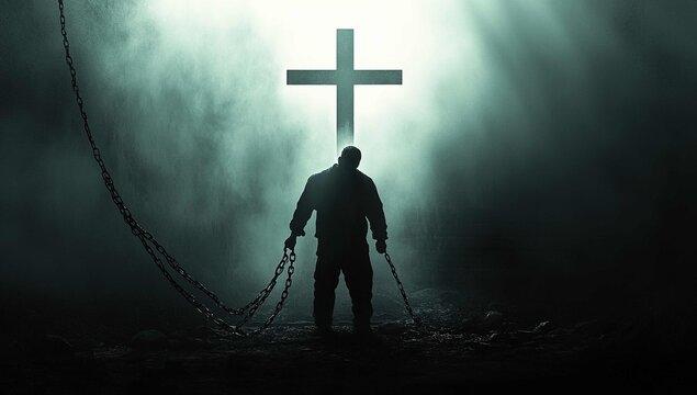 A man breaking chains and standing in front of the cross