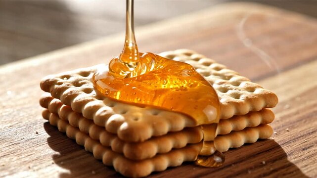 Golden honey cascading over layers of crunchy biscuits, creating a delicious and appetizing visual in warm lighting