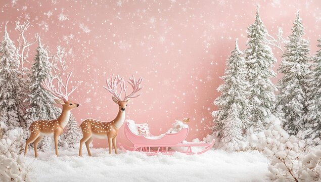 A pink wall backdrop with white snow and two deer standing on the left side