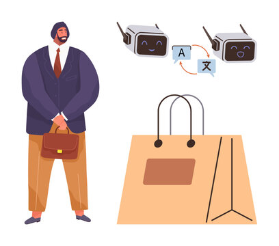 Ecommerce, retail, language translation, AI technologies, global communication, business interactions. Man in formal attire with a briefcase, shopping bag and virtual AI translator icons. Ecommerce