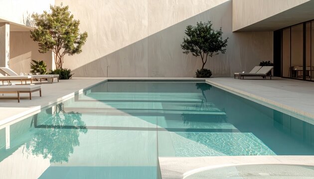 Contemporary Outdoor Swimming Pool Area with Light Blue Water Minimalist Architectural Design and Sunny Luxury Resort Setting
