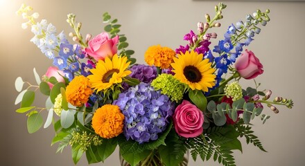Fototapeta premium A vibrant bouquet of colorful flowers in a vase on a table