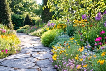 Fototapeta premium Walking Path Through a Colorful Garden Filled With Flowers and Greenery on a Sunny Day in Spring