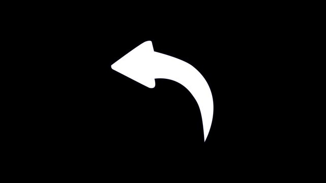 Arrow icon rendered in a stark white color features a sharp curved form representing a return navigation command for users interacting with digital software interfaces and mobile application screens.