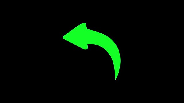 Arrow icon depicts a vivid green curved pointer directed towards the upper left section against a solid black background to indicate back navigation or previous page actions in software applications.