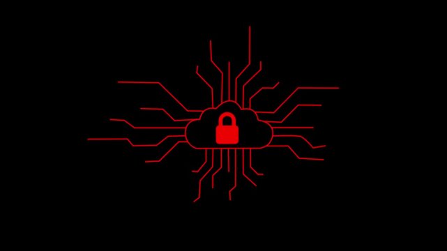 Cloud lock security icon glows with vibrant red light while interconnected digital lines spread across the black void, representing a serious breach or critical failure in online storage encryption.