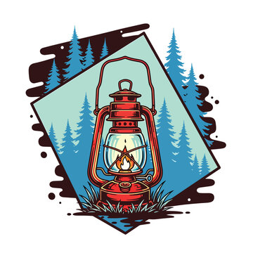 Vintage kerosene lantern burning brightly in the wilderness.