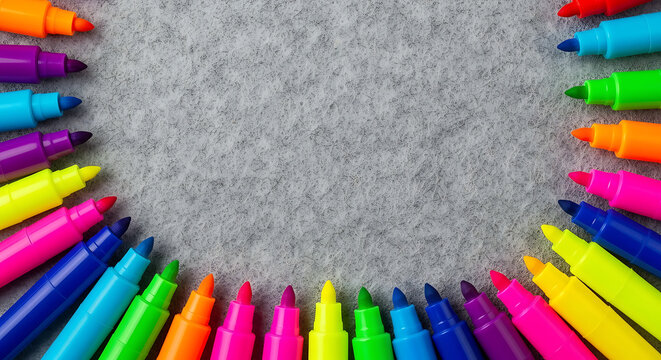Colorful felt tip markers forming a circular frame on grey texture